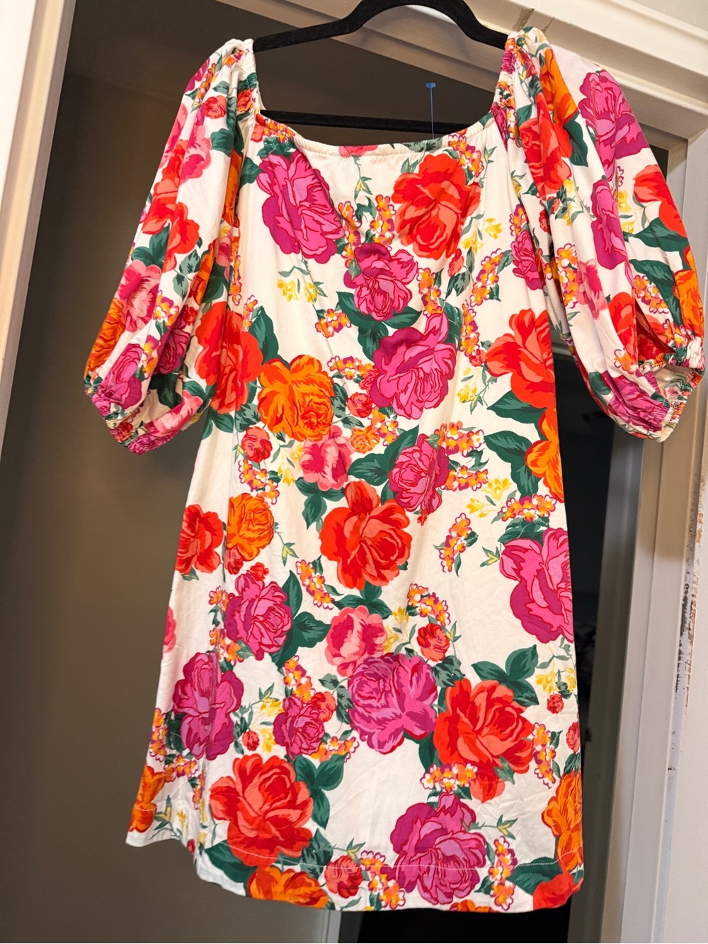 Floral Puff-Sleeve Mini Dress in White with Pink & Orange Blooms